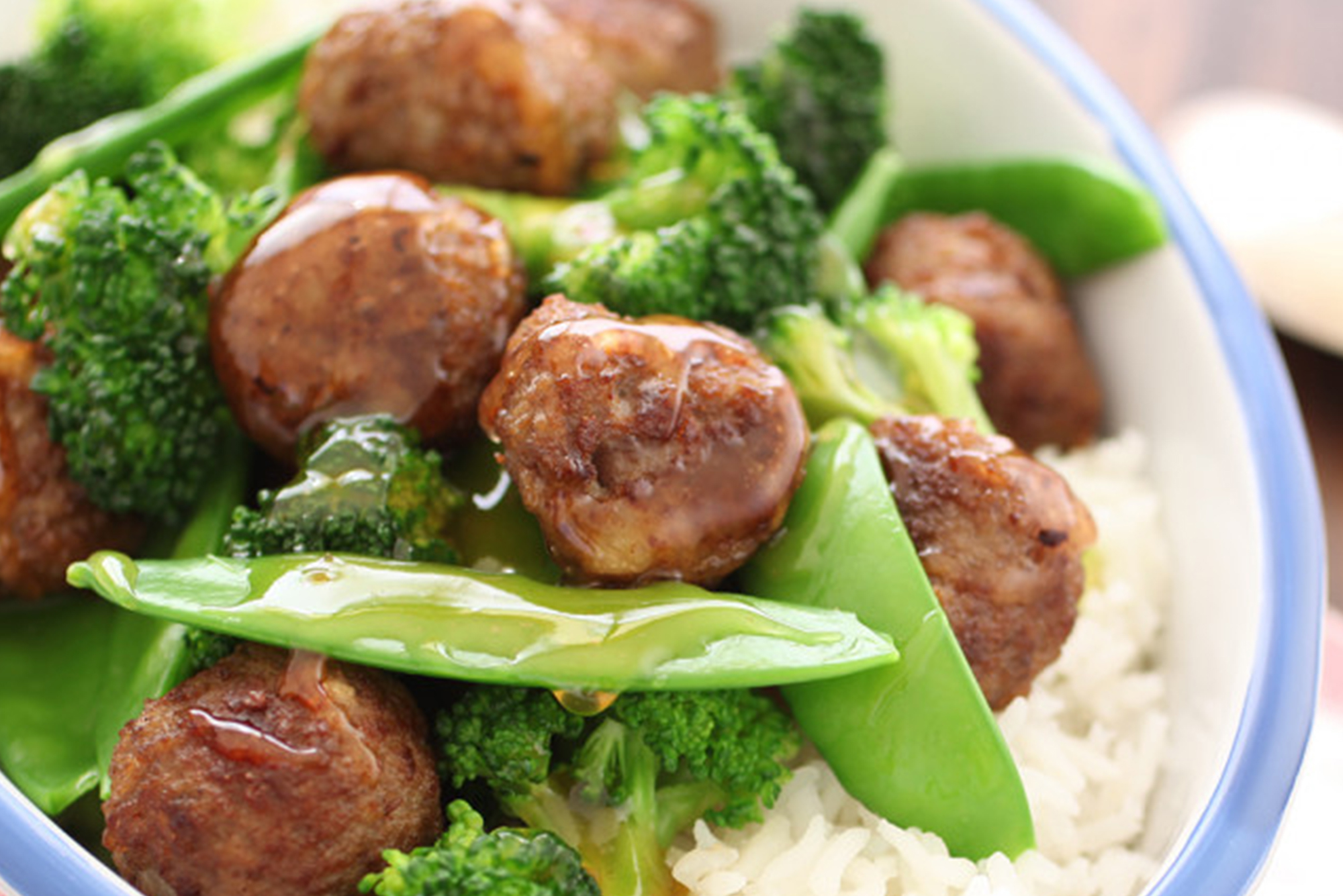 Meatballs with Snowpeas, Broccoli, Ginger and Plum Sauce
